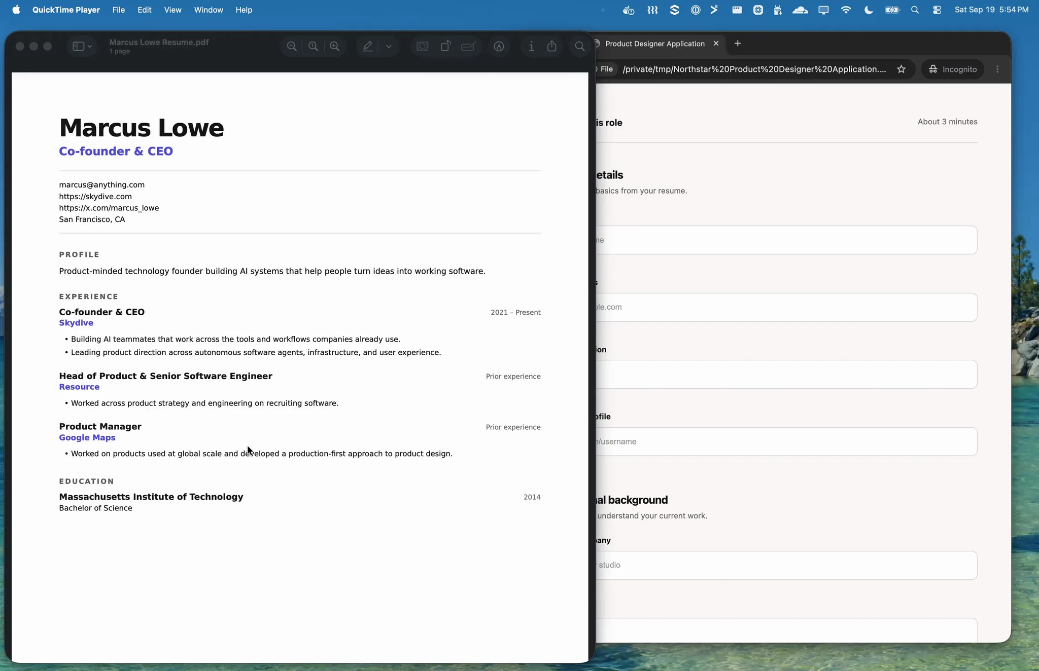A résumé beside an application form in Marcus Lowe’s smart copy and paste demo.